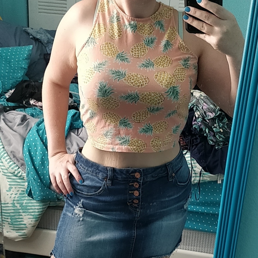F21+ Pineapple print stretchy crop top